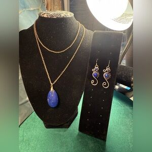 Bundle Lapis Blue Style Pendant Necklace and‎ Silver Earring Set
